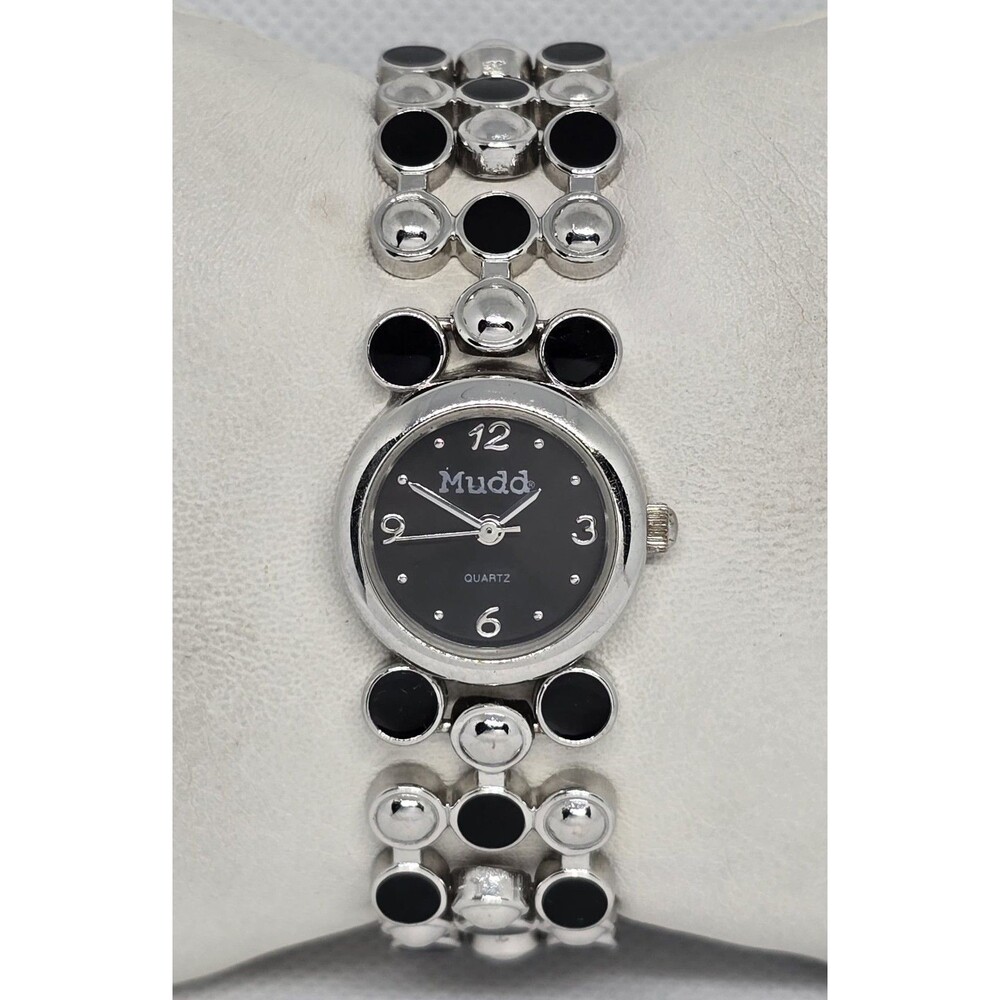Women's Mudd Round Silver Tone Black Dial Link Bracelet Band Quartz Watch  09